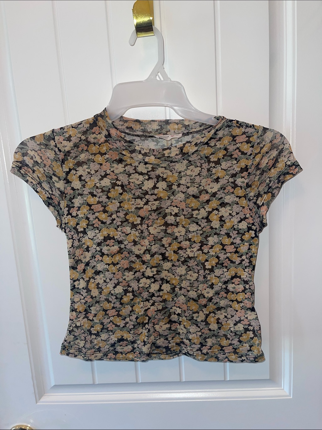 Beautees Black Floral Mesh Crop Top With Yellow & Pink Blooms